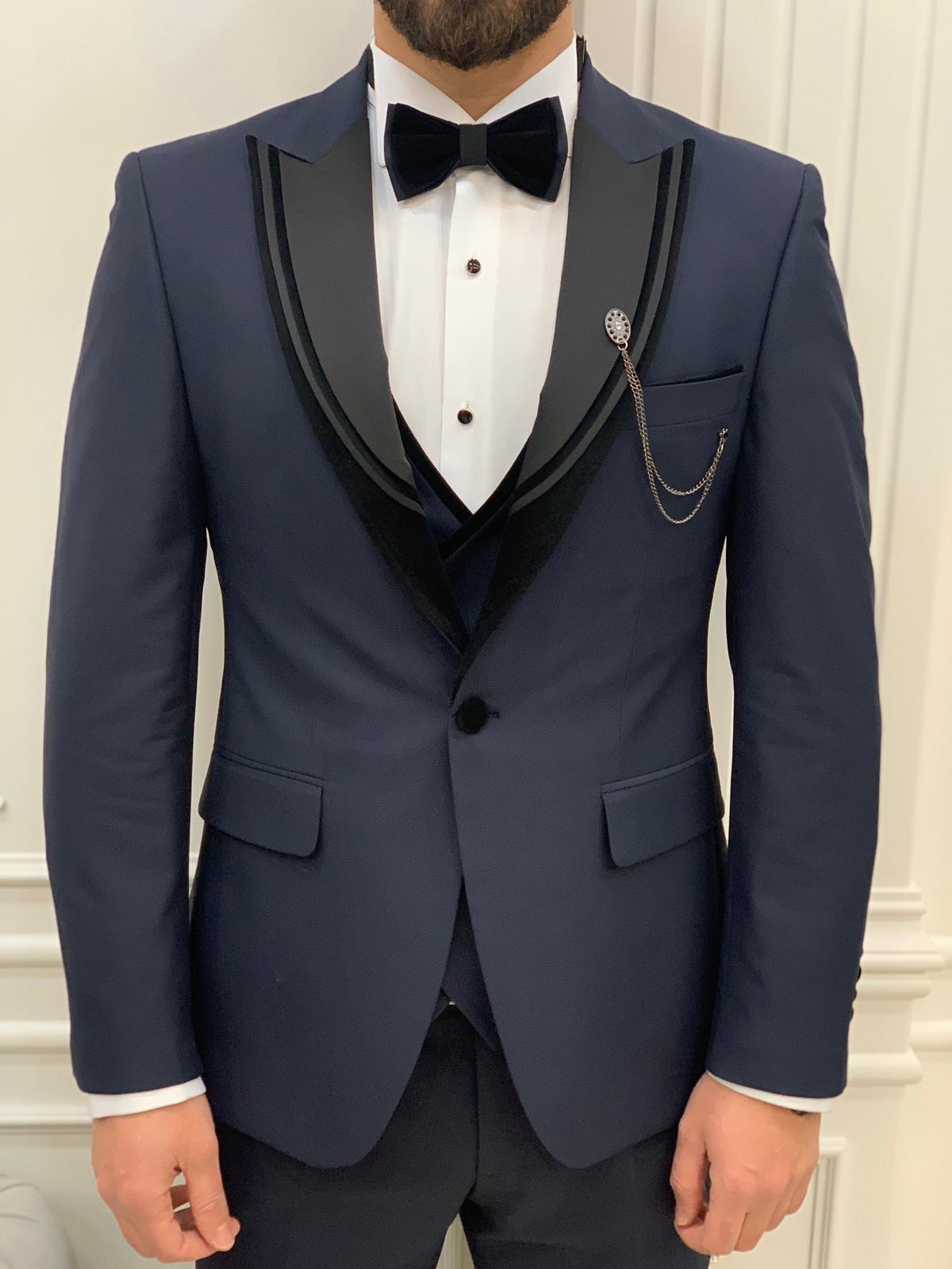 Eden Navy Blue Slim Fit Velvet Satin Peak Lapel Tuxedo