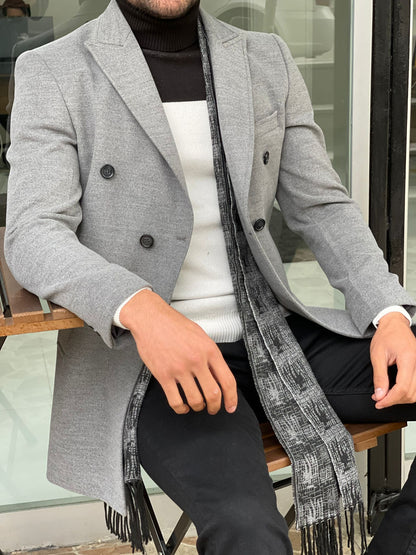 Viena Gray Slim Fit Double Breasted Wool Long Coat