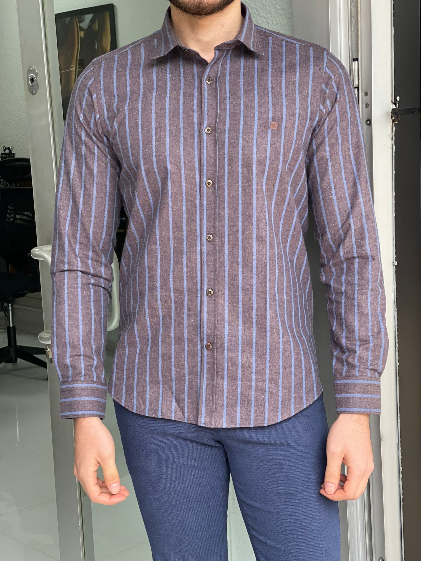 Stefano Brown Slim Fit Striped Cotton Shirt