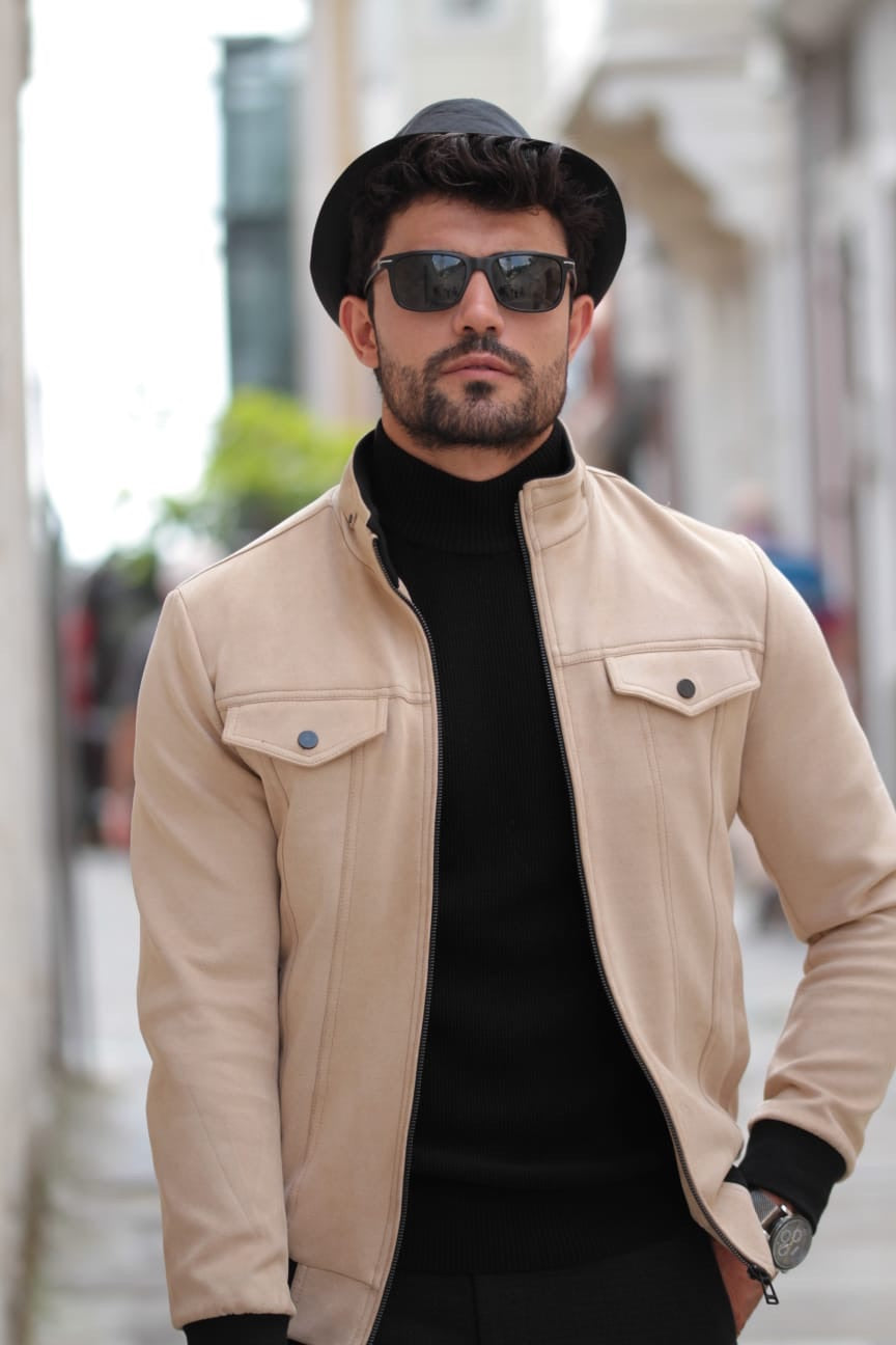Leather bomber jacket in beige