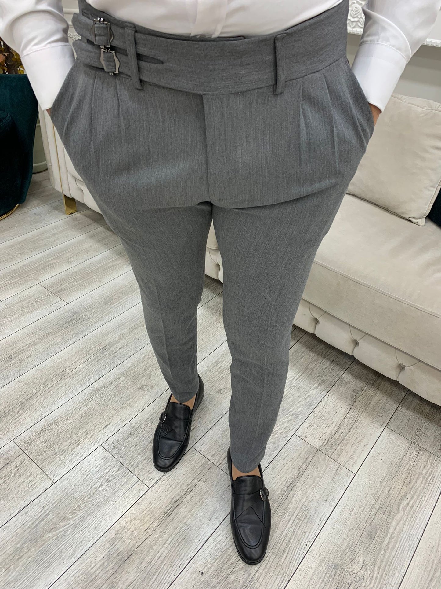 Grey Buckled Canvas Trousers