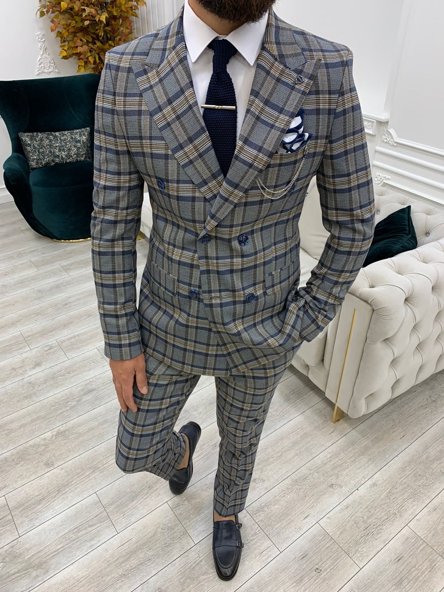 Vince Navy Blue Slim Fit Double Breasted Plaid Suit