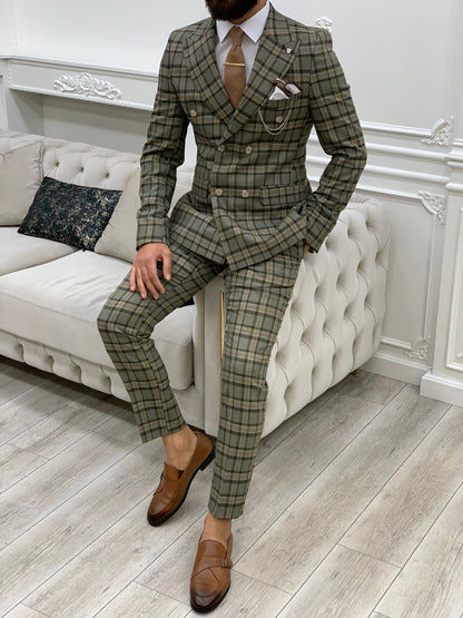 Vince Khaki Slim Fit Double Breasted Plaid Suit