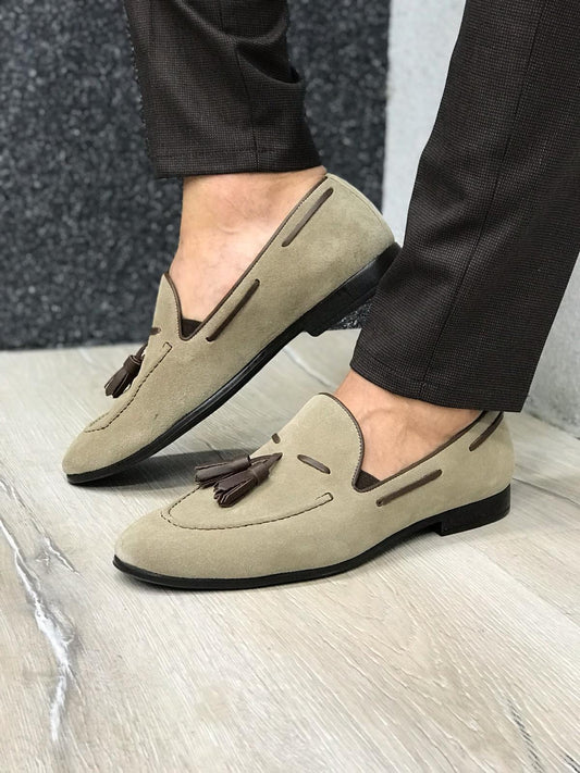 Tassel Suede Leather Cream Loafers