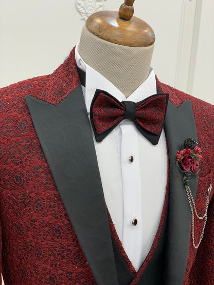 Caesar Red Slim Fit Peak Lapel Floral Patterned Tuxedo