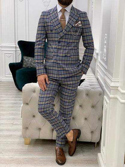 Vince Blue Slim Fit Double Breasted Plaid Suit