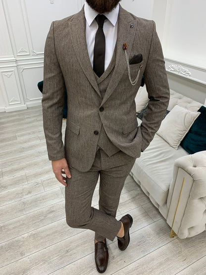 Bergen Brown Slim Fit Peak Lapel Crosshatch Suit