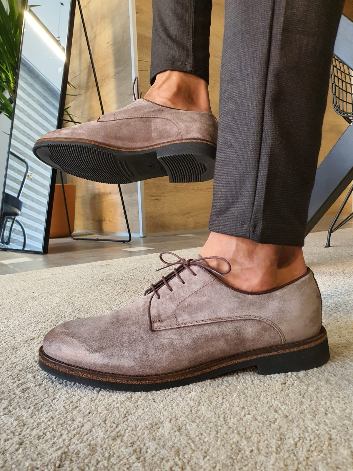 Suede Derby Shoes With Braided Straw Detail