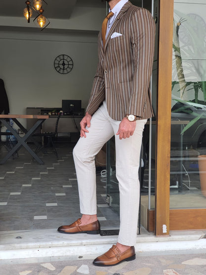 Montreal Brown Slim Fit Striped Blazer