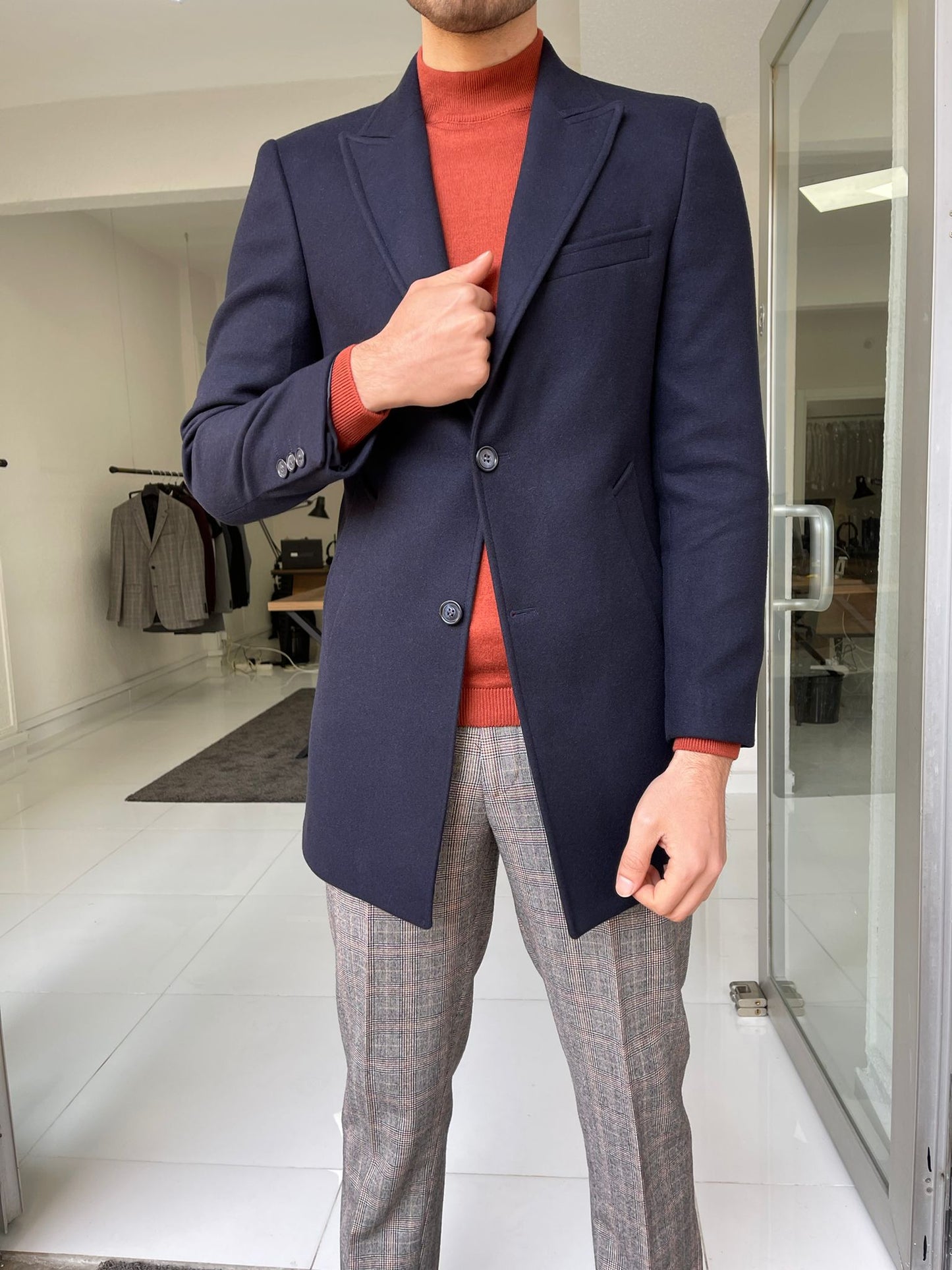 Remy Navy Blue Slim Fit Single Breasted Wool Long Coat