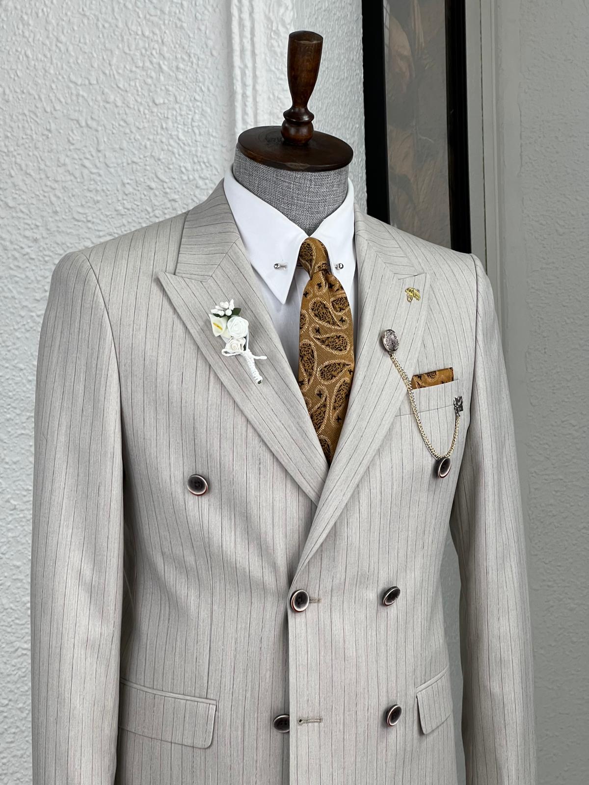 Veneta Slim Fit High Quality Striped Double Breasted Beige Woolen Suit