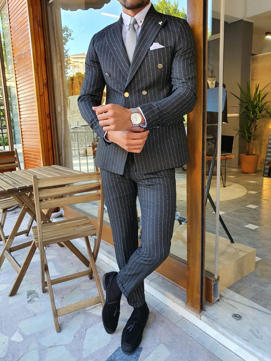 Edmond Black Slim Fit Pinstripe Double Breasted Suit