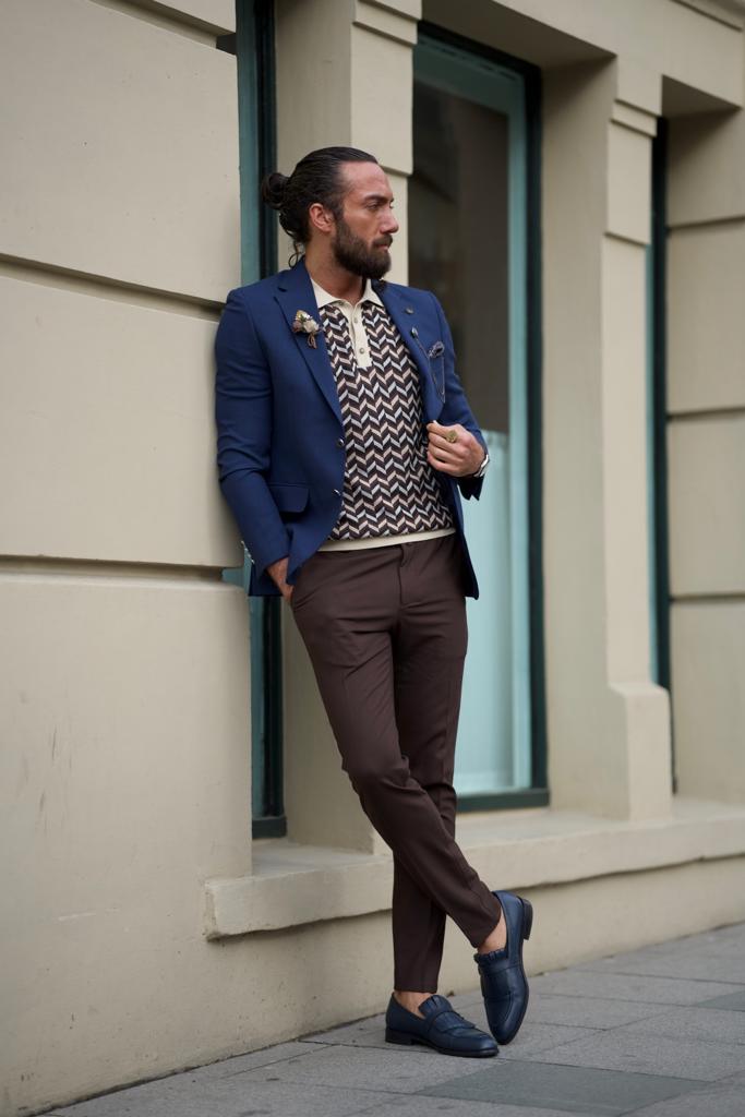 Blue Navy Blazer with Brown Pants | Hockerty