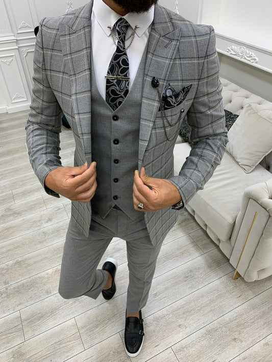 Olympia Dark Gray Slim Fit Peak Lapel Plaid Suit