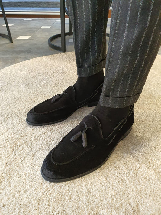 Stefano Black Suede Tassel Loafers