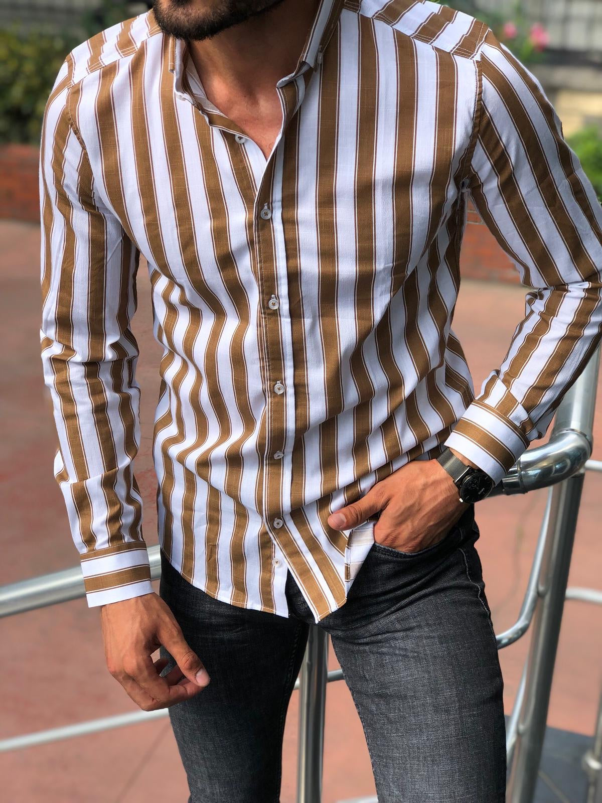 Beige Striped Slim Fit Shirt