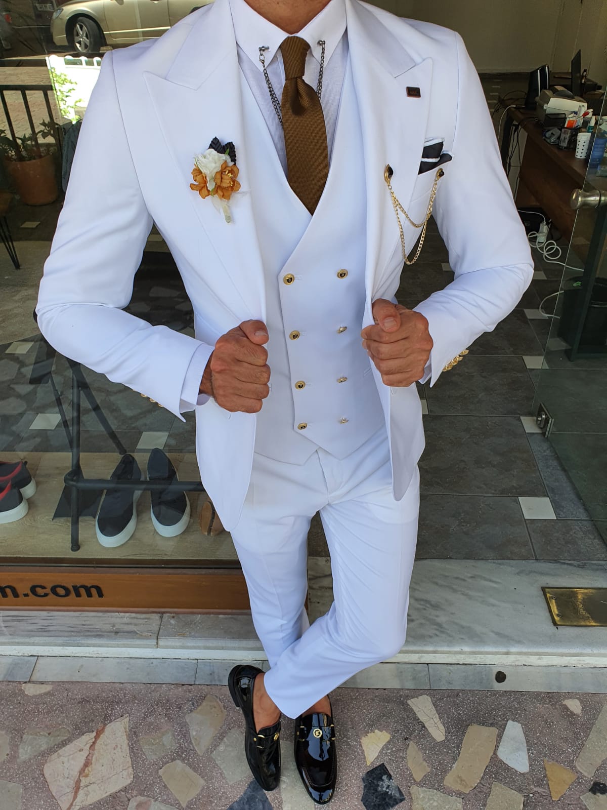 Boston White Slim Fit Peak Lapel Wool Suit