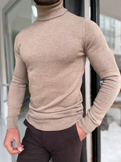 Viena Light Brown Slim Fit Turtleneck Sweater