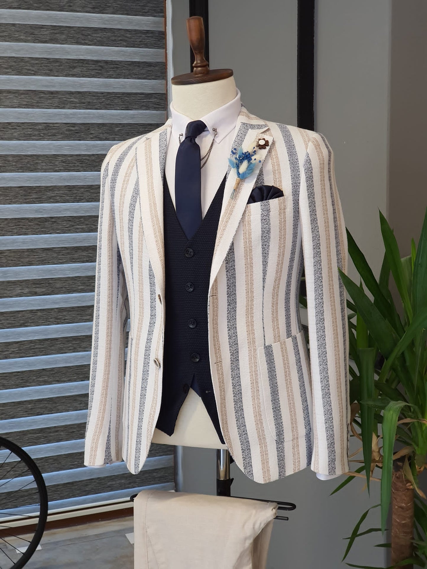 Berton Camel Slim Fit Striped Notch Lapel Cotton Suit