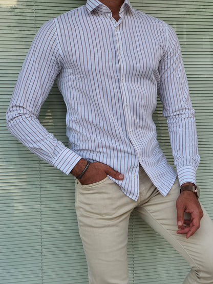 Brabion Berton Beige Slim Fit Long Sleeve Striped Cotton Shirt