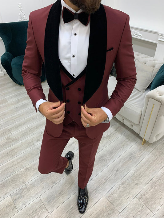 Lazio Burgundy Slim Fit Velvet Shawl Lapel Tuxedo