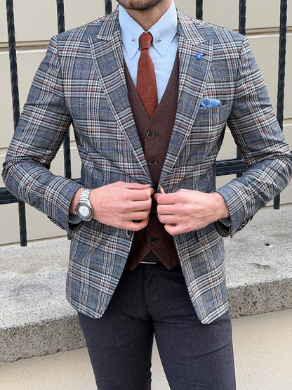 Edmond Gray Slim Fit Peak Lapel Plaid Check Wool Suit