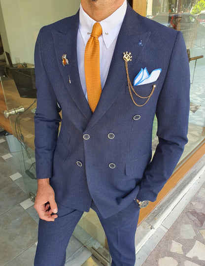Viena Navy Blue Slim Fit Double Breasted Pinstripe Wool Suit