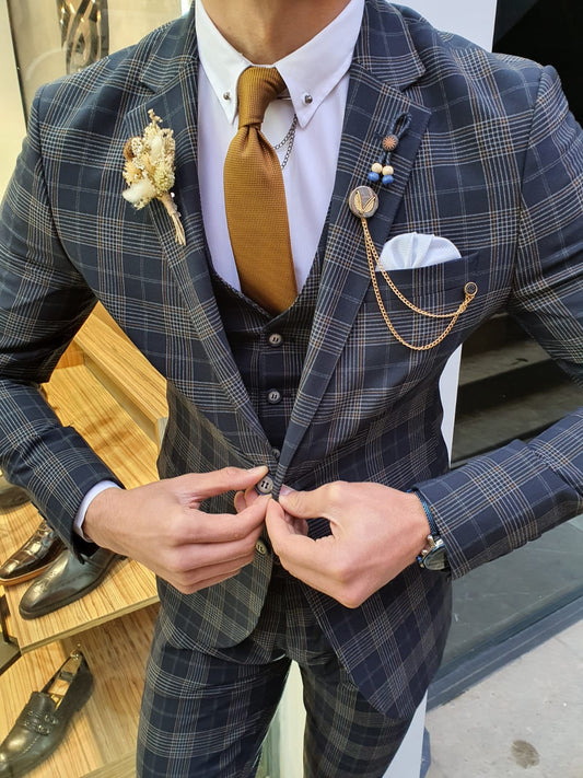 Olympia Dark Blue Slim Fit Plaid Check Suit