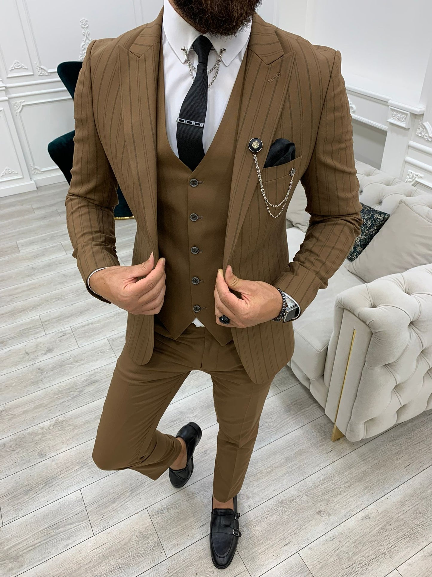 Barrua Brown Slim Fit Peak Lapel Striped Suit