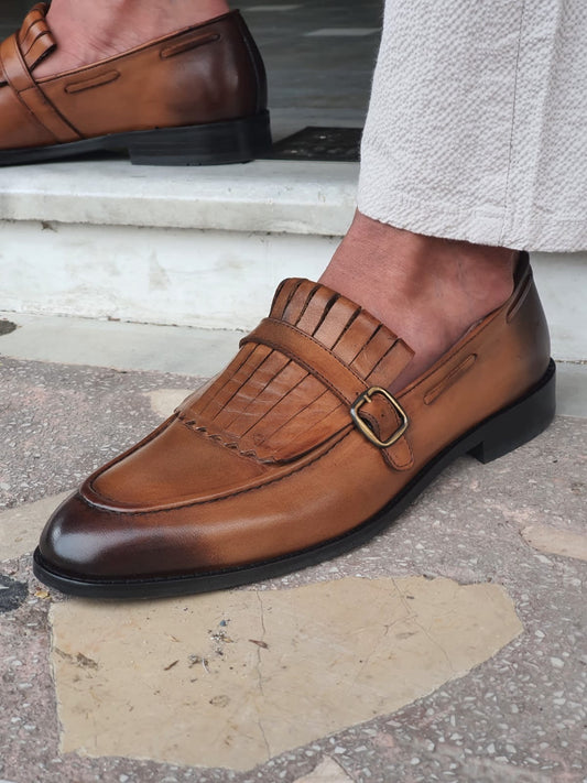 Bristol Tan Buckle Detailed Leather Loafers