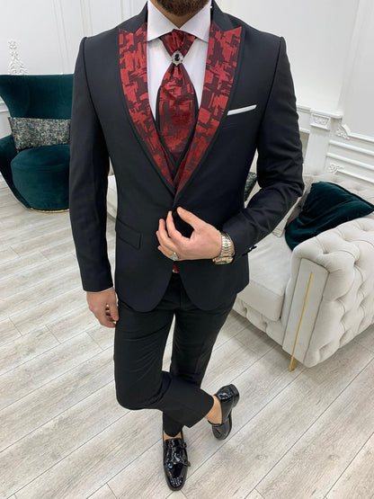Paris Burgundy Black Slim Fit Peak Lapel Wedding Suit
