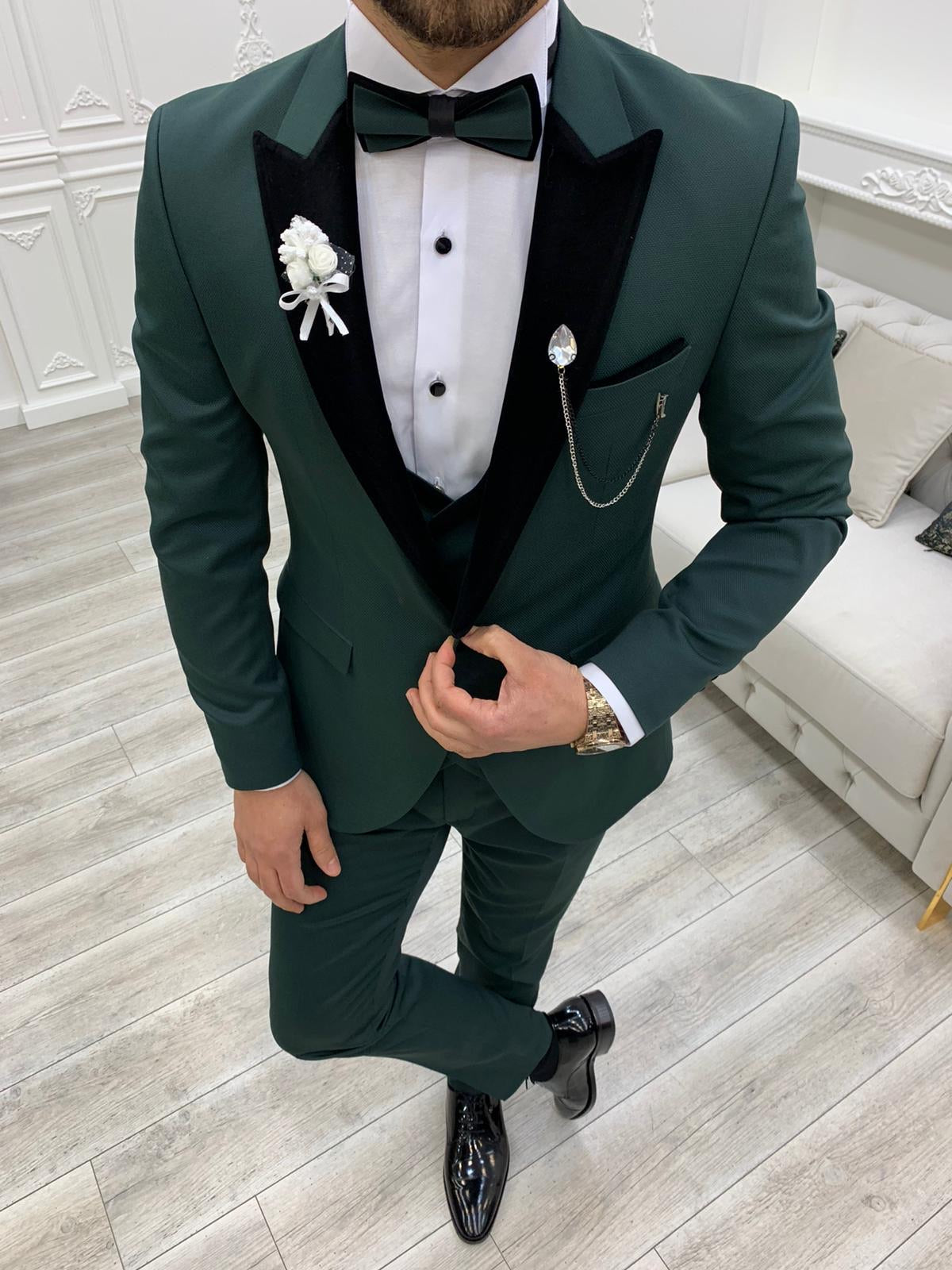 Royal Green Slim Fit Velvet Peak Lapel Tuxedo