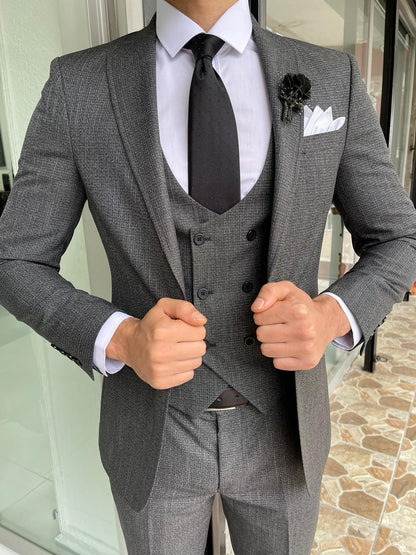 Capel Gray Slim Fit Peak Lapel Plaid Wool Suit
