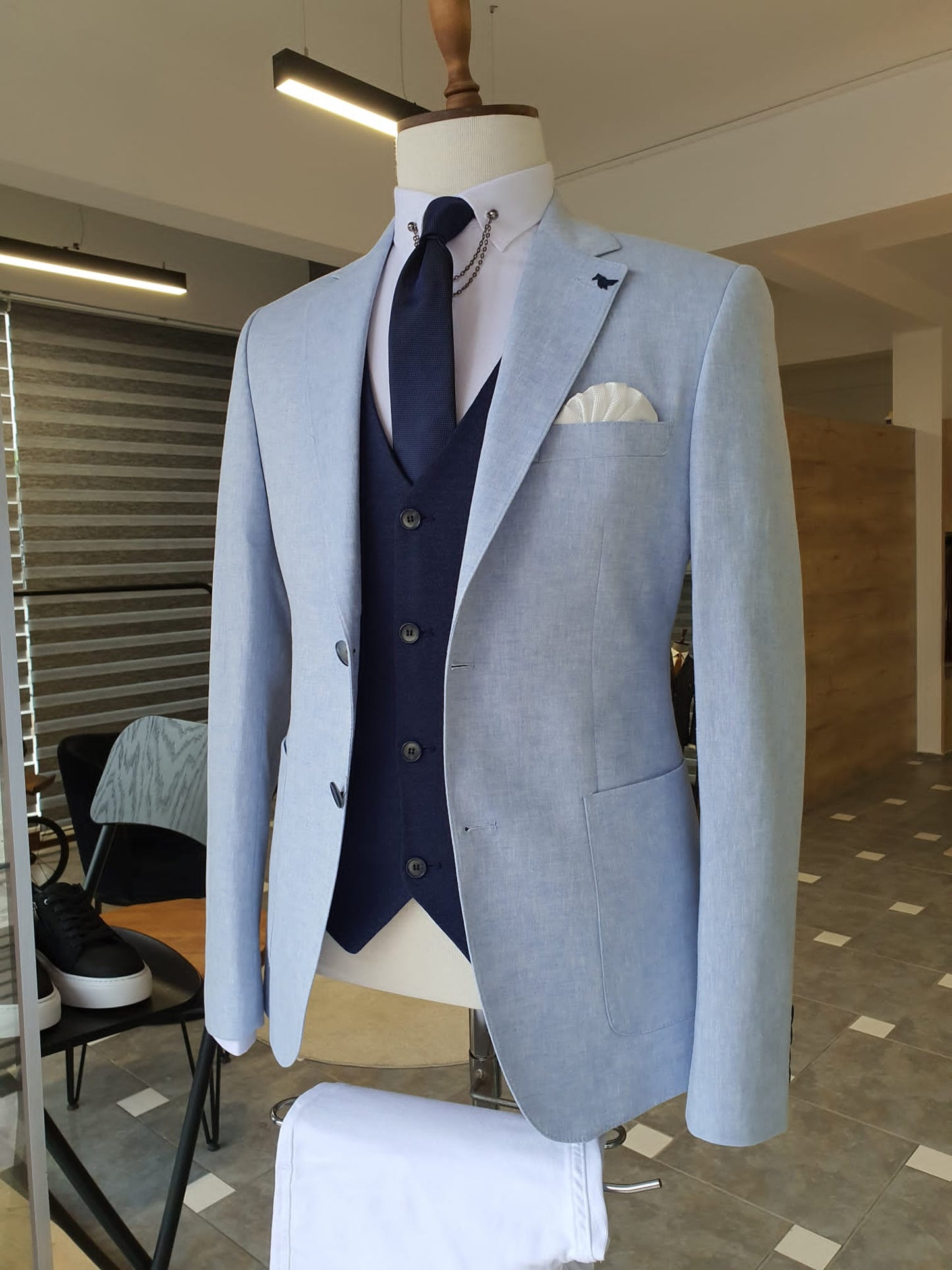 Berton Blue Slim Fit Notch Lapel Linen Suit