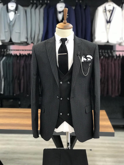 London Black Slim Fit Pinstripe Suit