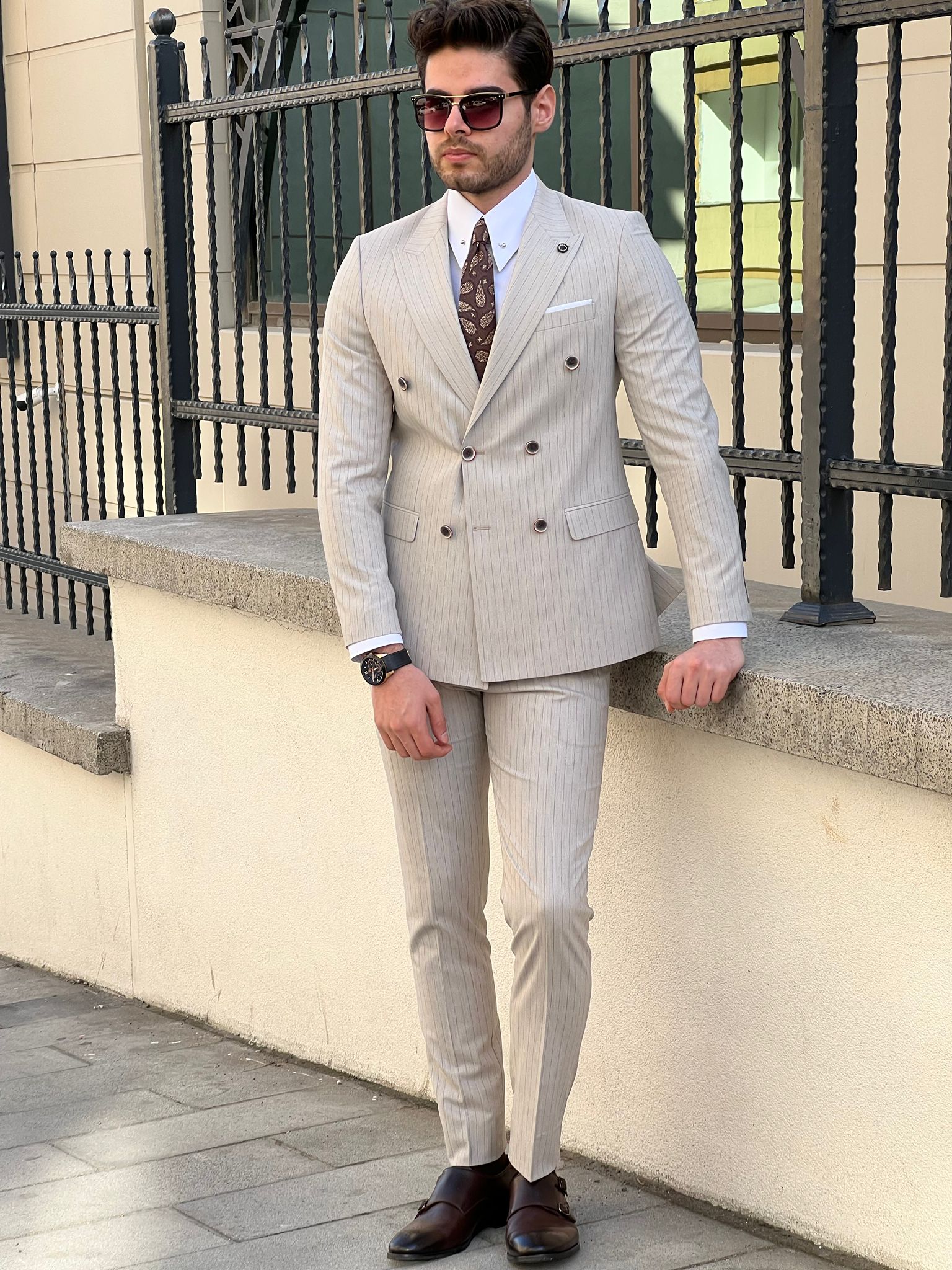 Double breasted hotsell suit beige