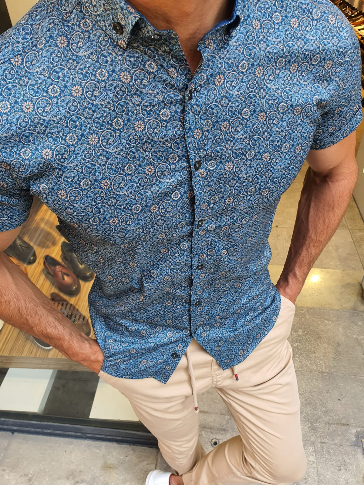 Khaki Slim Fit Short Sleeve Floral Shirt