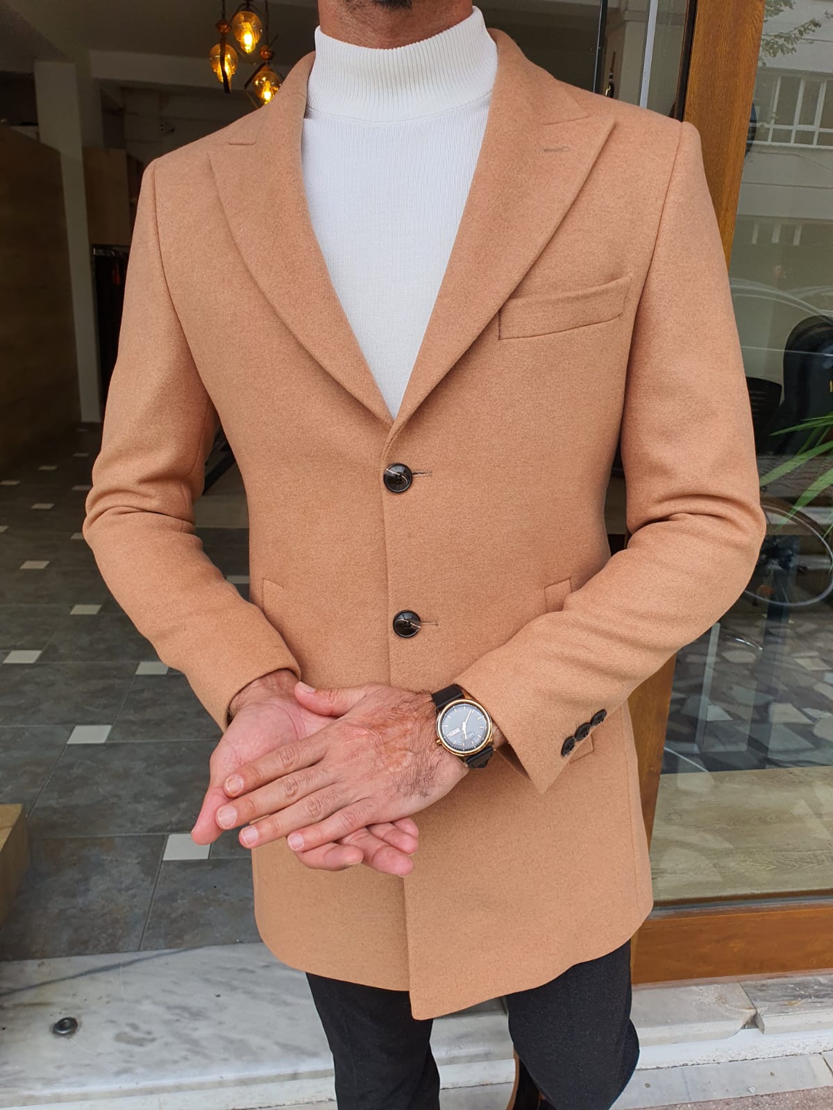 Eros Beige Slim Fit Single Breasted Long Coat