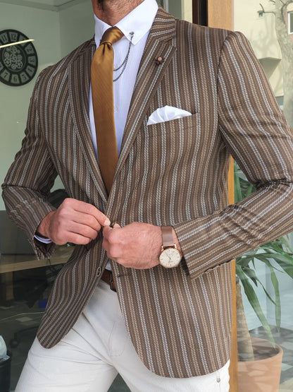 Montreal Brown Slim Fit Striped Blazer