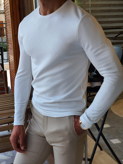 Stefano White Slim Fit Round Neck Sweater