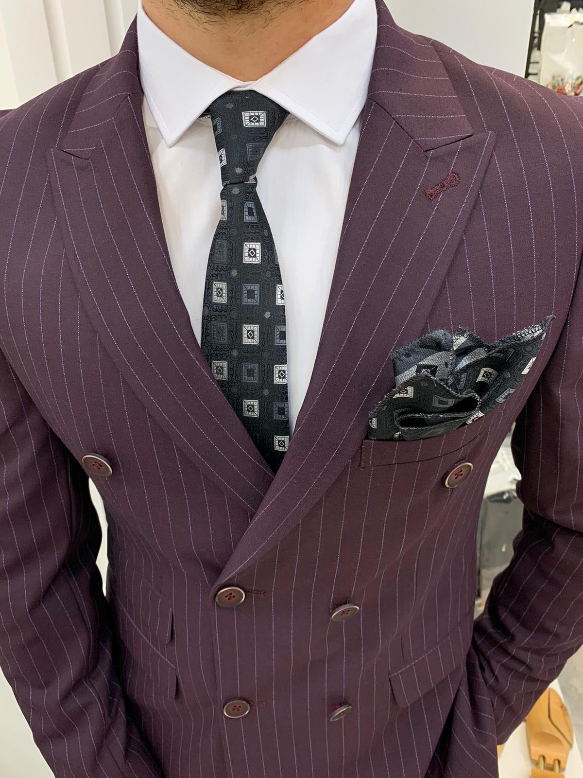 Milano Burgundy Slim Fit Double Breasted Pinstripe Suit