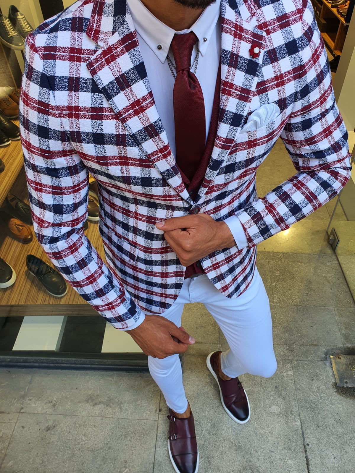 Skyesville Red Slim Fit Plaid Suit