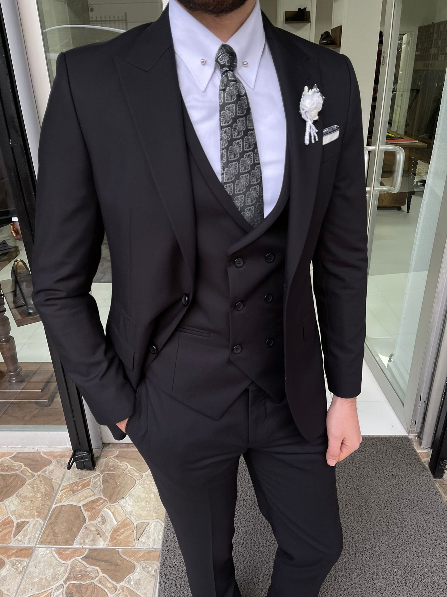 Tallin Black Slim Fit Peak Lapel Wool Suit