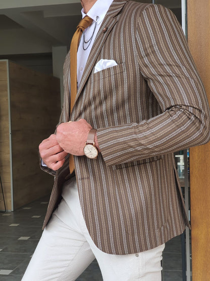 Montreal Brown Slim Fit Striped Blazer