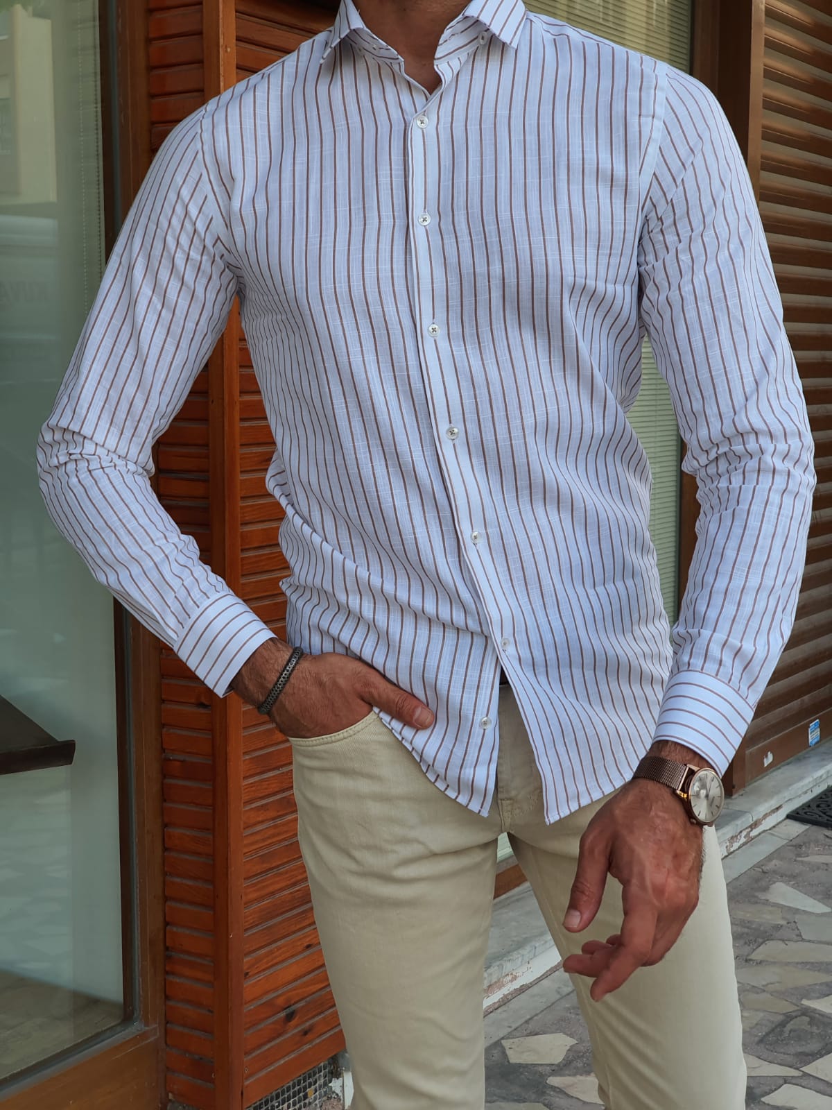 Brabion Berton Beige Slim Fit Long Sleeve Striped Cotton Shirt