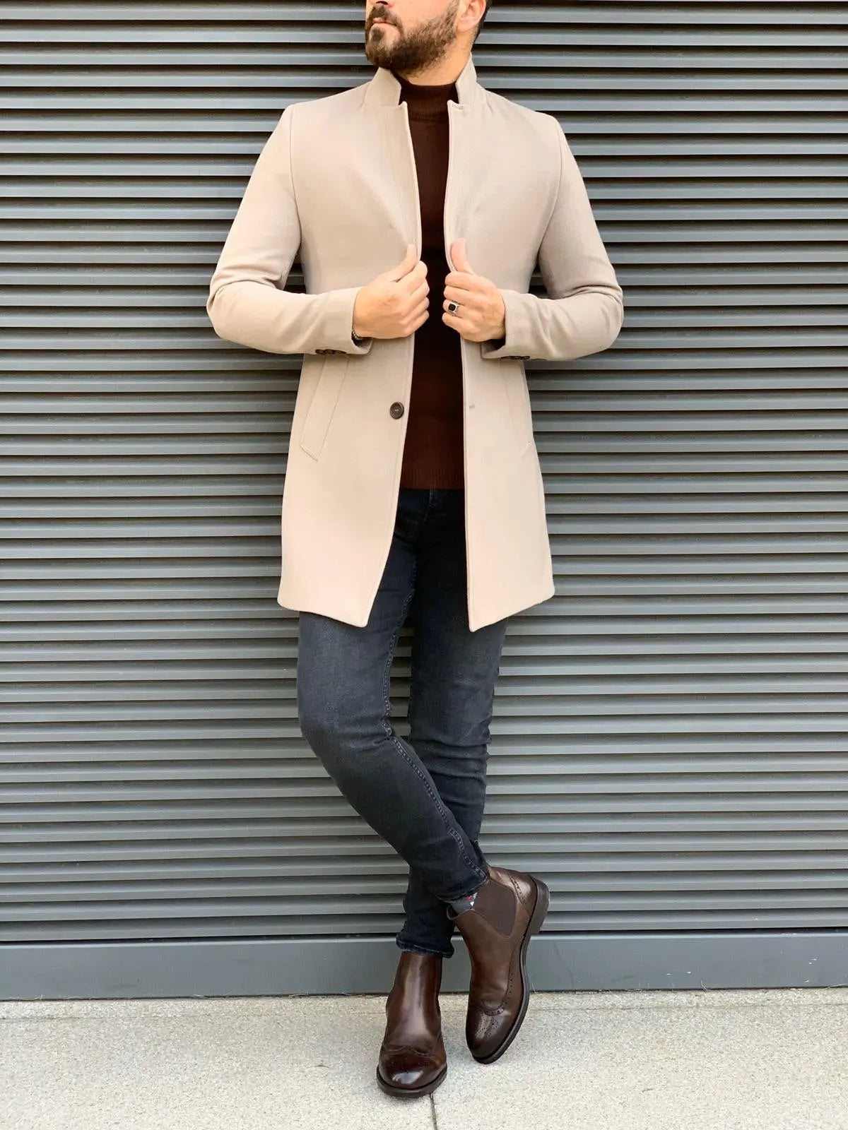 Kenzie Beige Slim Fit Wool Long Coat - Stylish Winter Essential for Men XXL Kenzie Beige Slim Fit Wool Long Coat - Stylish Winter Essential for Men XXL