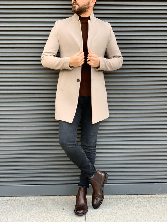 Kenzie Beige Slim Fit Wool Long Coat - Elegance Meets Comfort