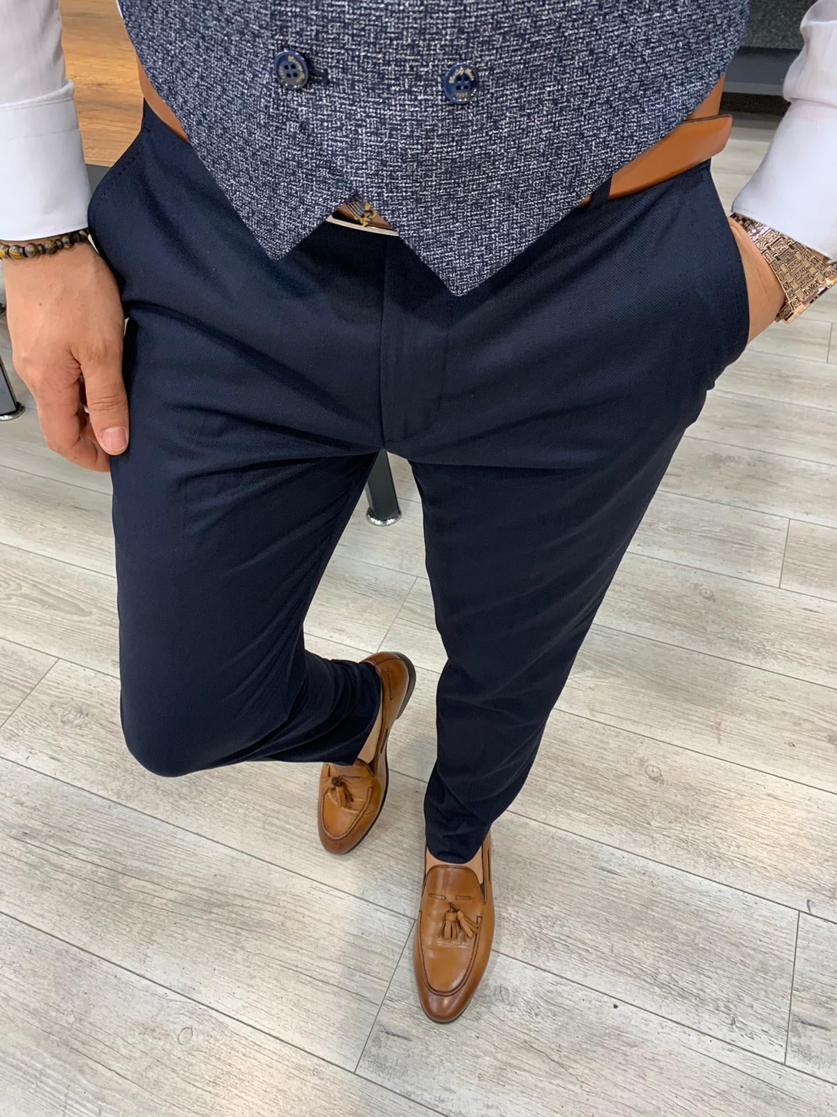 Wilson Navy Blue Slim Fit Plaid Check Suit