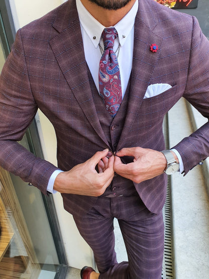 Orem Burgundy Slim Fit Plaid Suit