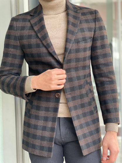 Melbourne Brown Slim Fit Plaid Wool Long Coat
